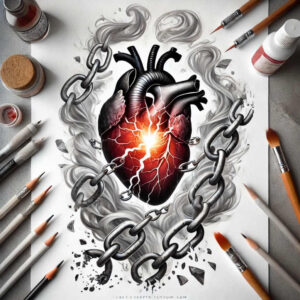 Heart in red and black with gray chains wrapped around on white drawing paper; cracks glow amid smoke; pencils, brushes, ink bottle, and paper visible; project for tattoo design; cover-up suitable.