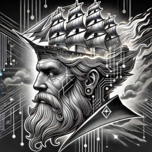 Black and grey portrait of an old man with a ship crown, circuit lines on the face, beard, ear piercing, and cloudy background; cover-up-ready tattoo concept.