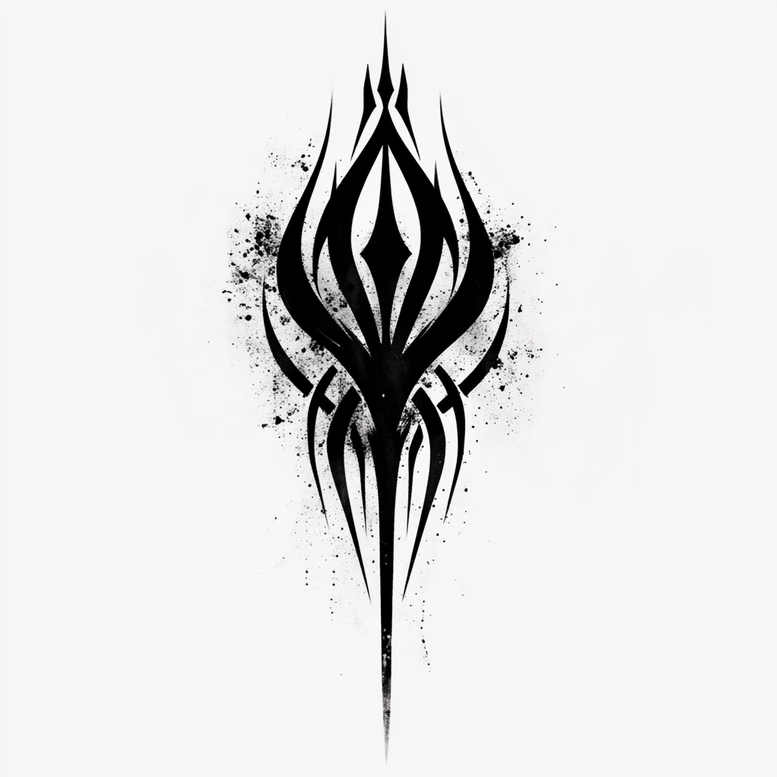Black and grey tribal pattern tattoo design with sharp symmetrical lines and splatter on white background; tattoo project; ideal for cover-up.