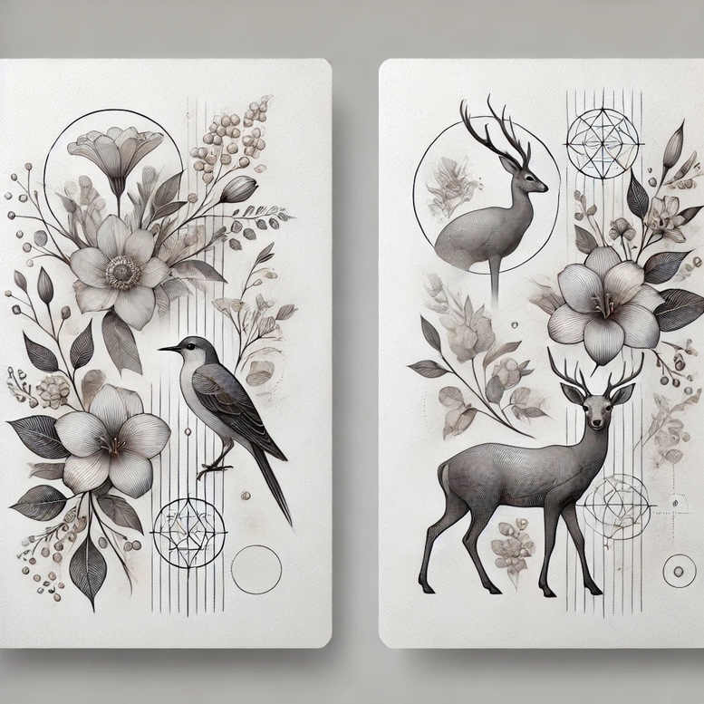 Two-panel black and grey tattoo design; visible objects include flower, bird, circle, and deer; AI-generated tattoo project; suitable for cover-up; pattern elements.