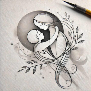 Mother and child in black and grey line art with a circular backdrop, leaves and flowing swirls; a tattoo project idea.