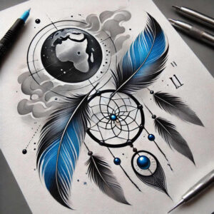 Dreamcatcher tattoo design in black and grey with a circular web, blue and black feather, beads, and a planet motif; project idea; suitable for a cover-up.