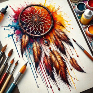 Dreamcatcher tattoo idea in color: brown hoop with white woven web, multicolored feathers, and blue, orange, red, and yellow watercolor splashes; project concept for a tattoo design; not intended for cover-up.
