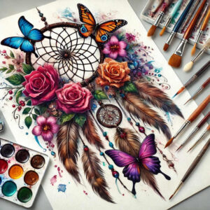 dreamcatcher-and-light – tattoo design ideas free ai generated – neotraditional-precise-lines – for-nape – Gallery: dreamcatchers-inkby-ai