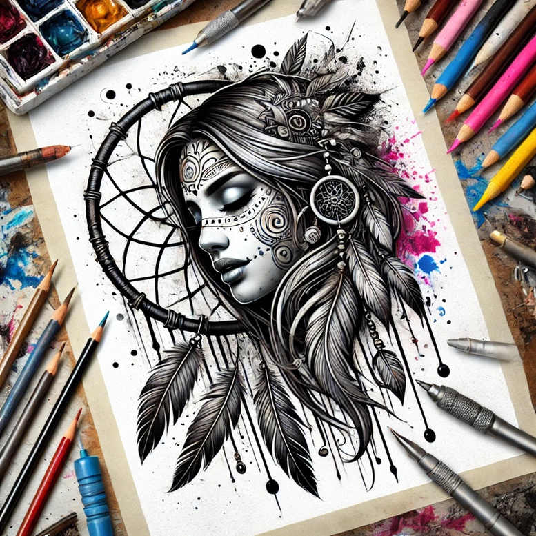 dreamcatcher-and-light – tattoo design ideas free ai generated – neotraditional-refined-lines – for-thigh – Gallery: dreamcatchers-inkby-ai