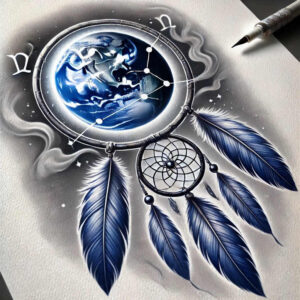 dreamcatcher-in-shadow – tattoo design ideas free ai generated – surrealism-abstract-forms – for-outer-arm – Gallery: dreamcatchers-inkby-ai