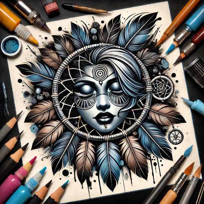native-american-dreamcatcher – tattoo design ideas free ai generated – surrealism-impossible-forms – for-lower-thigh – Gallery: dreamcatchers-inkby-ai