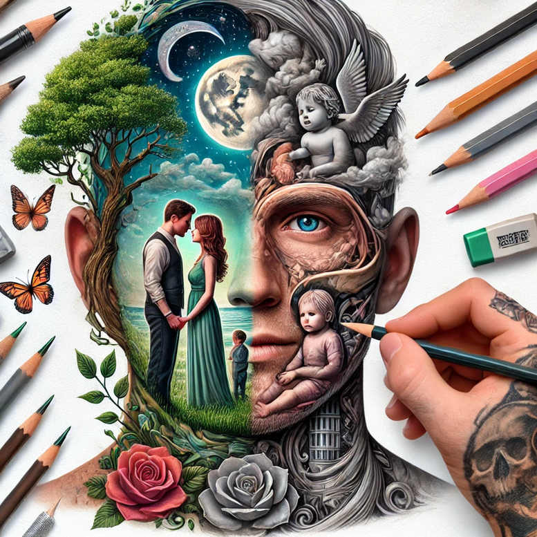 Colorful half-face portrait tattoo design; visible elements include face, tree, butterfly, couple, angel, child, rose, lotus, moon, cloud; color; project idea; not ideal for cover-up.