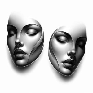 Two grayscale faces with abstract mask-line shading forming a dual portrait; black and grey tattoo design idea; AI-generated tattoo project.