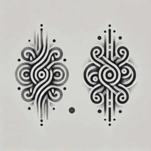 Two black-and-grey ornamental knot patterns with dot accents, symmetrical; a tattoo design project, suitable for cover-up.