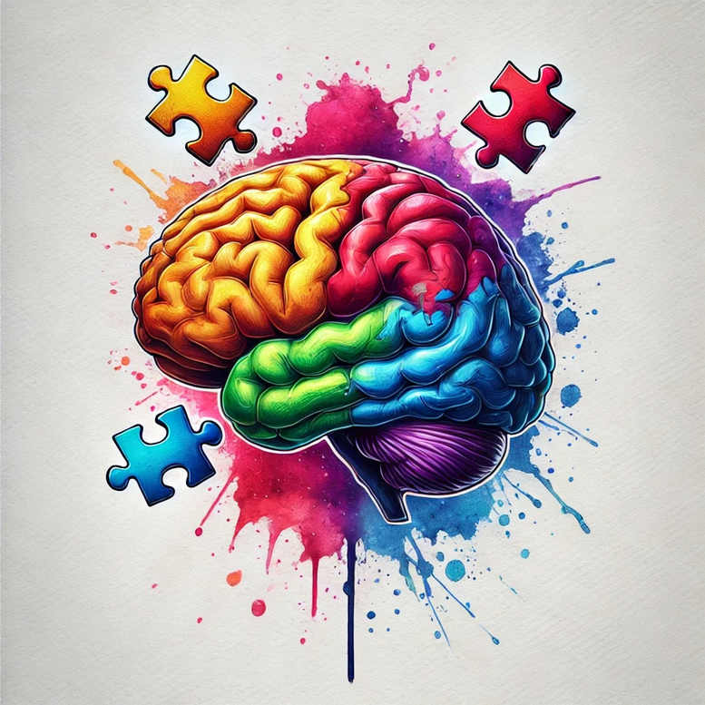Brain, puzzle piece, and paint splatter in rainbow watercolor; full color, bold black outlines; project concept; not suitable for cover-up.