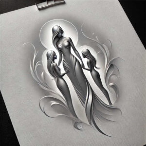 Central figure with two silhouettes in grayscale robes, halos behind, and flowing flourishes; black and grey; AI-generated tattoo project; suitable for cover-up.