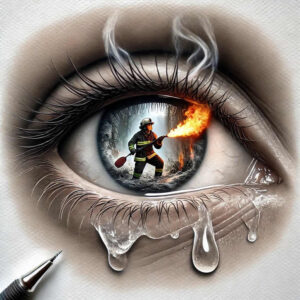 Eye with firefighter inside the iris, flame, tears on lower lid, pencil in foreground; full color; tattoo project idea; cover-up suitable.