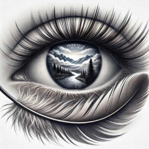 Eye with grayscale landscape inside a dark pupil; black and grey tattoo design idea; cover-up capable.