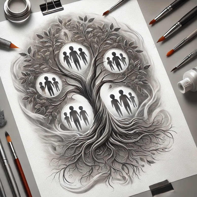 Black and grey tree with twisting roots and circular frames showing silhouettes of a family; drawing tools such as brush, pencil, and paint-tube visible; a tattoo design idea, cover-up suitable.