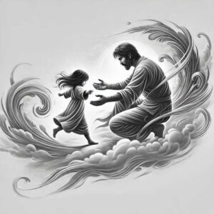 Man and child reaching toward each other on curling clouds and waves, with a halo behind them; monochrome black and grey, AI-generated tattoo project; not ideal for a cover-up.