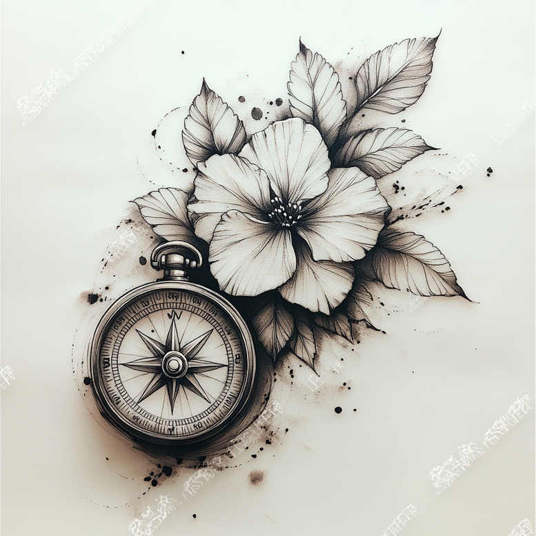 Compass, hibiscus flower, and leaves in black and grey; AI-generated tattoo design idea.