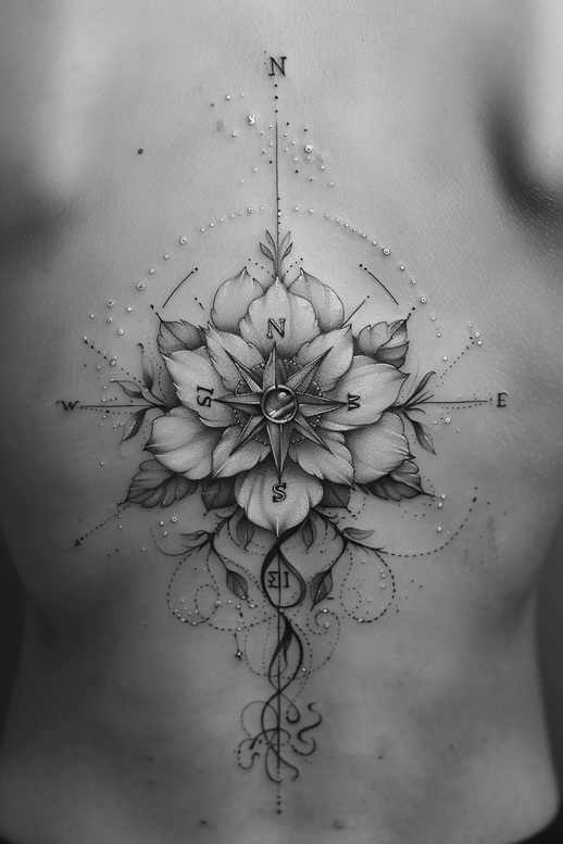 Compass rose with lotus petals, beads, line, and swirling stem in black and grey; AI-generated tattoo project; suitable for cover-up.