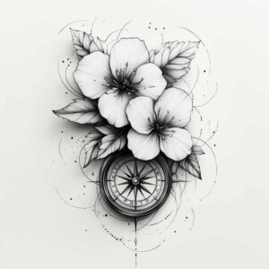 Black and grey blossoms and leaves surround a compass; an AI-generated tattoo design idea, not suitable for a cover-up.