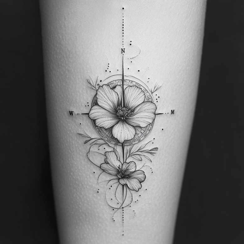 Black and grey fine-line tattoo design with a compass circle, two flowers, and geometric pattern; a project concept; cover-up suitability: not specified.