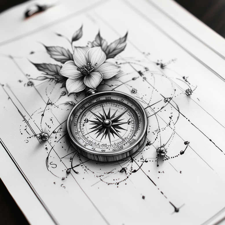 Flower and compass in black and grey linework; concept art for a tattoo project.