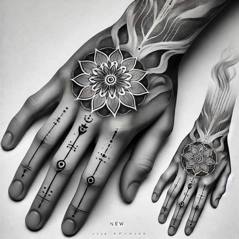 Hand with black and grey fine-line flower mandala on the back, plus linear finger motifs of circles; tattoo project, cover-up suitable.