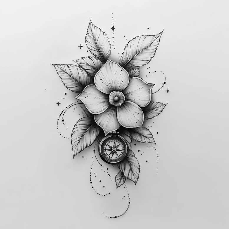 Black and grey flower with leaves and compass pendant; tattoo design idea; AI-generated tattoo project; not optimized for cover-up.