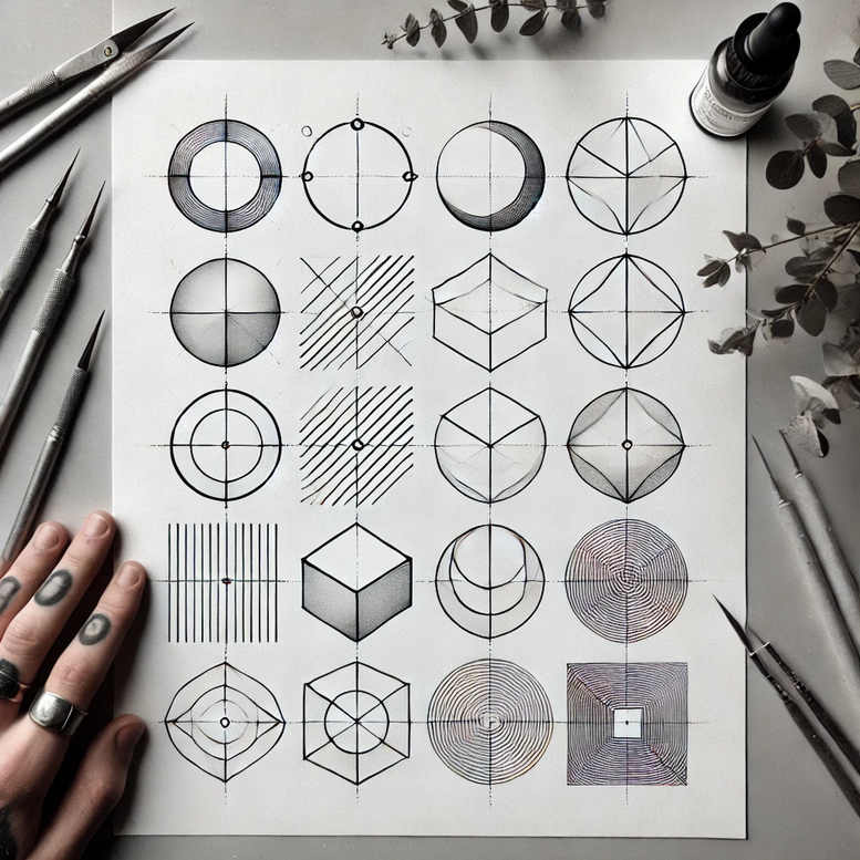 Geometric linework tattoo study on white paper with circles, cubes, hexagons, diamonds, lines, grids, rings, squares, and spirals in black and grey; project idea; not a cover-up.