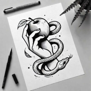 Hand holding an apple with a coiled snake, leaf, on white paper; black and grey tattoo design idea; suitable for a cover-up.