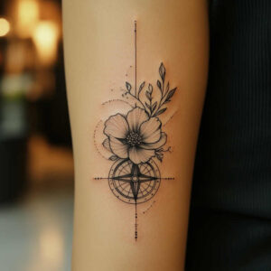 Hibiscus flower with compass rose and leaves in black and grey ink on forearm; tattoo project; not a cover-up.
