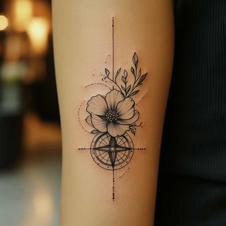 Hibiscus flower with compass rose and leaves in black and grey ink on forearm; tattoo project; not a cover-up.