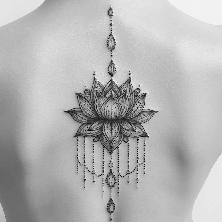 Back lotus with chain bead strings in black and grey; beads, chain, and teardrop pendants visible; project design; cover-up: yes; pattern.