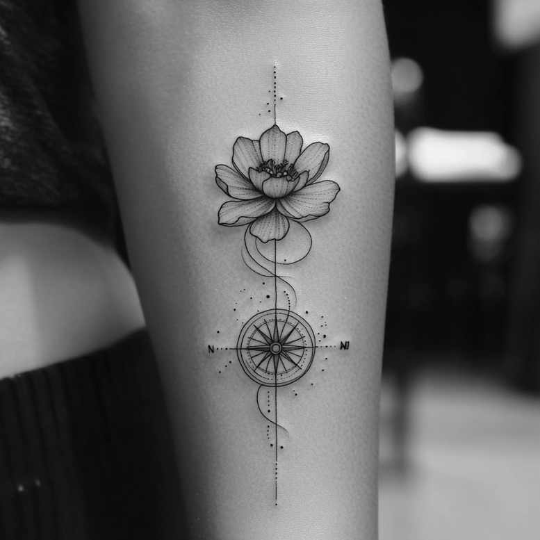 Black and grey tattoo on forearm featuring a lotus above a compass rose with dotted lines; tattoo project; not suitable for cover-up.