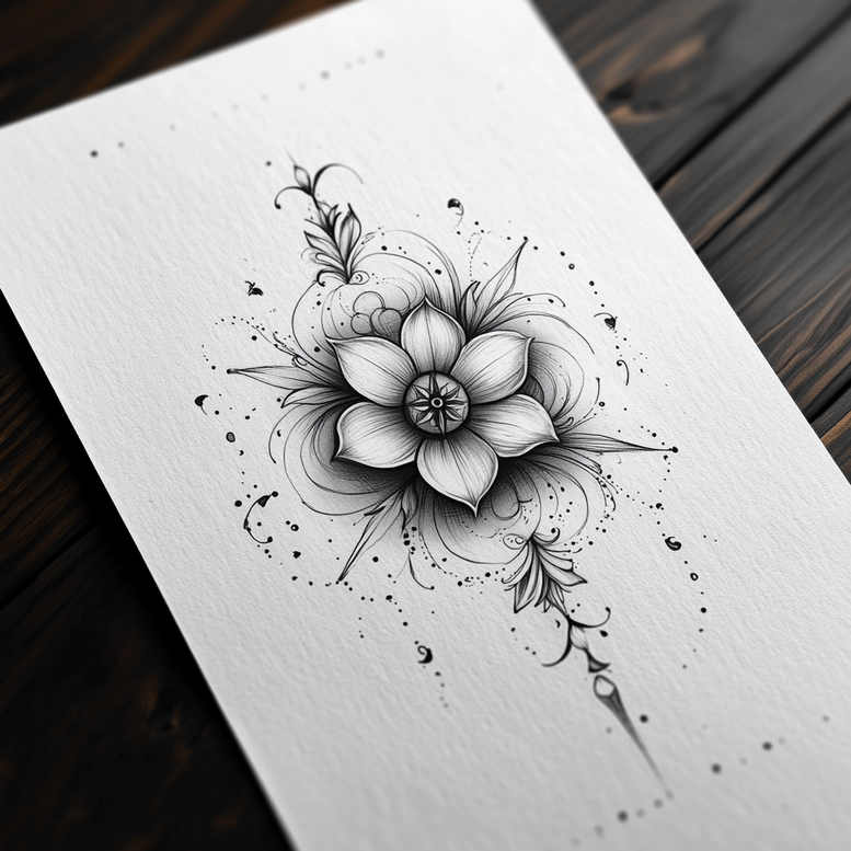 Black and grey fine line lotus flower with petals and leaves, decorative swirls, and dotwork on white paper; tattoo project idea; suitable for cover-up.