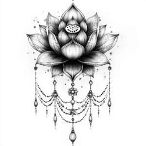 Lotus flower in black and grey with bead chains and pendants; tattoo design idea; AI-generated tattoo project; pattern.