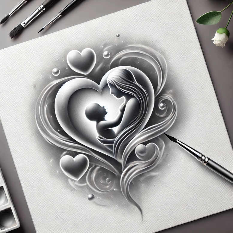 Black and grey tattoo design concept: mother and baby within a heart, surrounded by flowing swirls; fine line project idea.