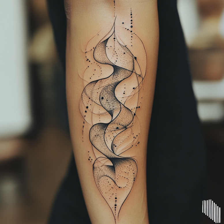 Black and grey forearm tattoo with ribbon-shaped curves, dot shading, and circular linework; a tattoo project idea, not a cover-up.