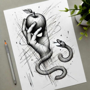 Black and grey sketch of a hand gripping an apple with a coiled snake around it; tattoo design concept, suitable for cover-up.