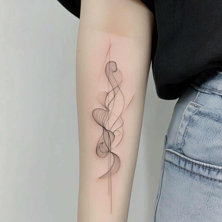 Forearm tattoo in black and grey, fine-line spiral pattern with abstract loops on skin; project idea; suitable for cover-up: no.
