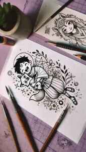 Girl, mask, flower, leaf, star, paper, pencil in black and grey; AI-generated tattoo project idea; not ideal for cover-up.