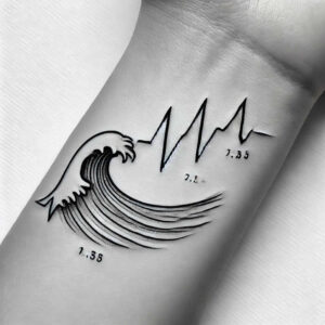 Black and grey fine line tattoo design of a curling wave with jagged mountains and small numeric marks; tattoo project idea.