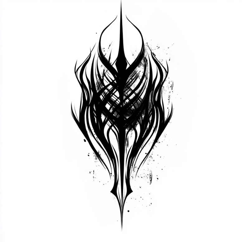 Black ink flame-shaped tribal motif on white background; black and grey tattoo design concept, project, suitable for cover-up.