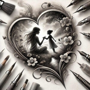 Black and grey floral heart frame with mother and child silhouettes, surrounded by flowers and vines; AI-generated tattoo project; suitable for cover-up.