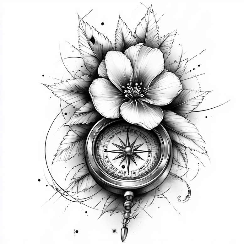 Flower, compass, and leaves in black and grey; a fine-line tattoo design, AI-generated tattoo project, suitable for a cover-up.