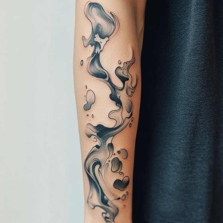 Forearm tattoo in black and grey with flowing ink-swirl shapes and bubble accents; project on forearm ready for cover-up.