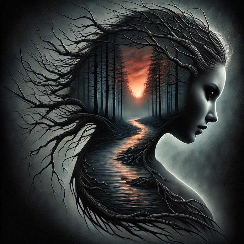 Black and grey portrait of a woman with hair formed by branches, a forest and a glowing path across the chest; tattoo project, cover-up ready.