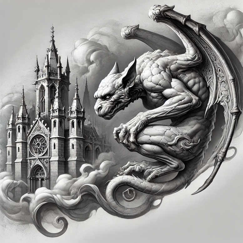 Gargoyle in black and grey with Gothic cathedral, wing, clouds, and smoke; a project concept suitable for a cover-up.