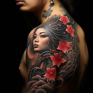 feminine-figure-tattoo-for-men – tattoo design ideas free ai generated – realism-dimensional-ink – for-ankle – Gallery: geisha-inkby-ai