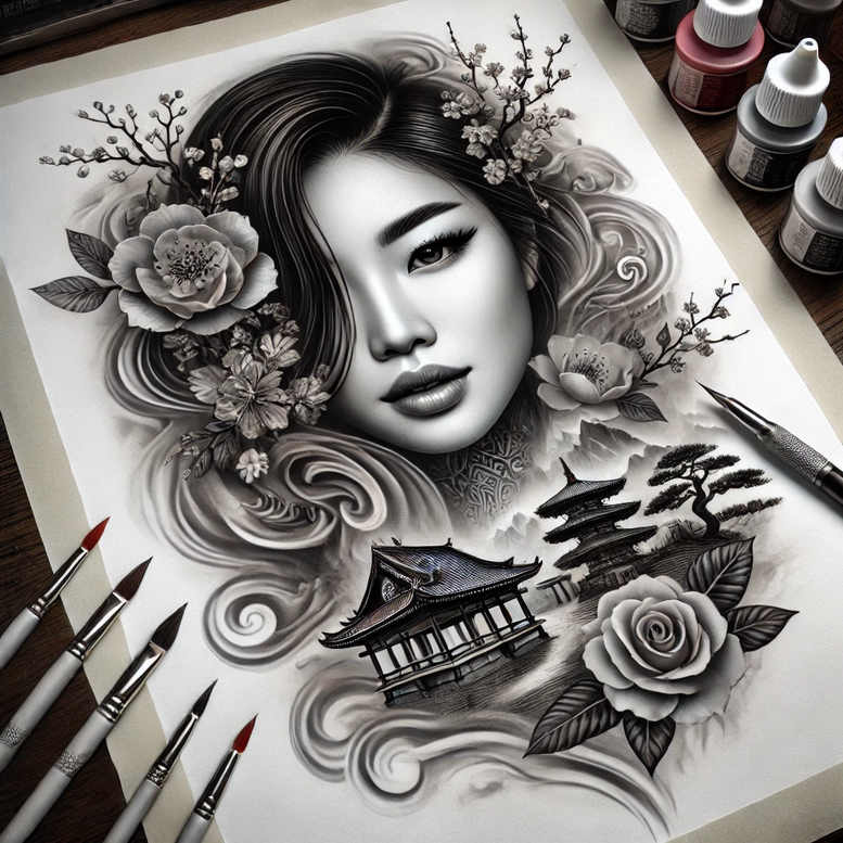 fine-line-geisha – tattoo design ideas free ai generated – surrealism-distorted-perspective – for-hip – Gallery: geisha-inkby-ai
