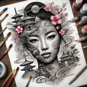 geisha-and-nature – tattoo design ideas free ai generated – realism-natural-color-palette – for-back-of-neck – Gallery: geisha-inkby-ai
